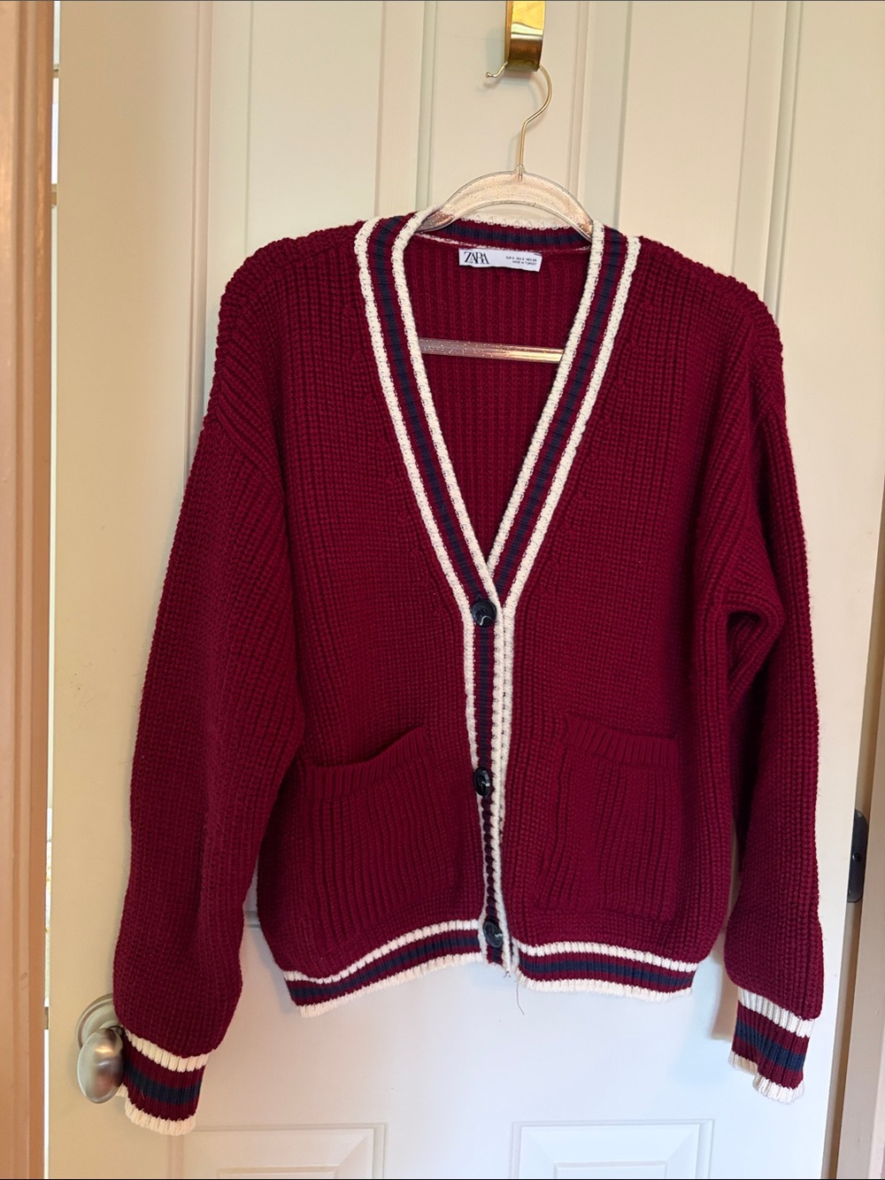 Zara Wine Red Knit Cardigan with Cream and Navy Trim